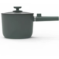 Dark gray enamel-coated electric cooking pot with matching lid and ergonomic handle in sage green matte finish