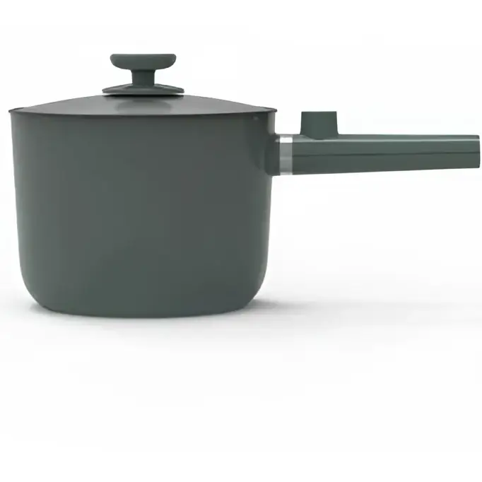 Dark gray enamel-coated electric cooking pot with matching lid and ergonomic handle in sage green matte finish