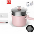 Pink 1.5l electric cooking pot with sage green matte finish, stainless steel inner pot, matching glass lid, and detachable handle