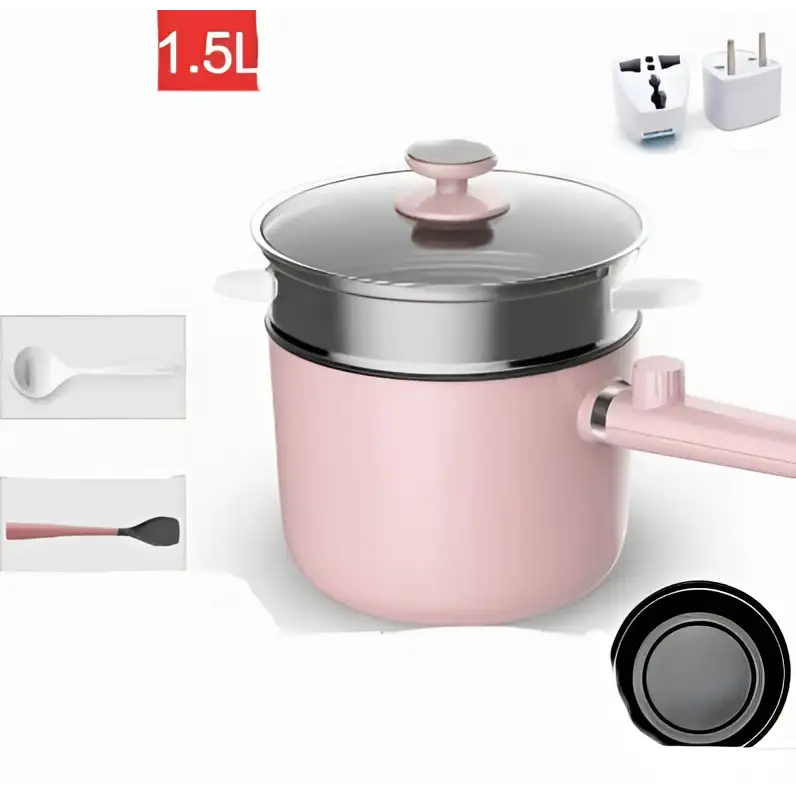 Pink 1.5l electric cooking pot with sage green matte finish, stainless steel inner pot, matching glass lid, and detachable handle