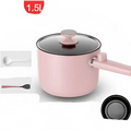 Pink 1.5l electric cooking pot with sage green matte finish and matching lid, ideal for compact kitchens