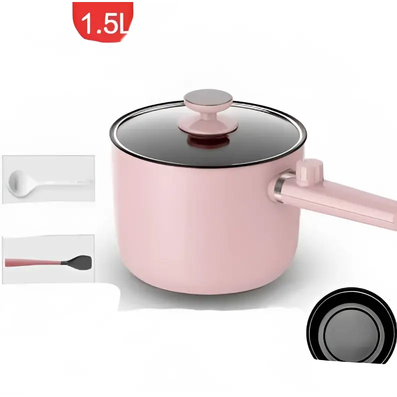 Pink 1.5l electric cooking pot with sage green matte finish and matching lid, ideal for compact kitchens