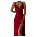 A deep red satin slit sling dress with plunging v-neckline perfect for sling dress summer fashion events