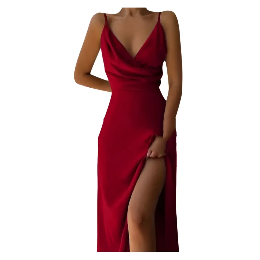 A deep red satin slit sling dress with plunging v-neckline perfect for sling dress summer fashion events