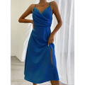 A vibrant royal blue satin slit sling dress midi with draped bodice and side slit for sling dress summer fashion