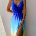 A vibrant blue-to-orange satin slit sling dress with deep v-neck and high slit perfect for sling dress summer fashion