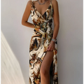 A flowing satin slit sling dress in earthy tones with a deep v-neckline perfect for sling dress summer fashion