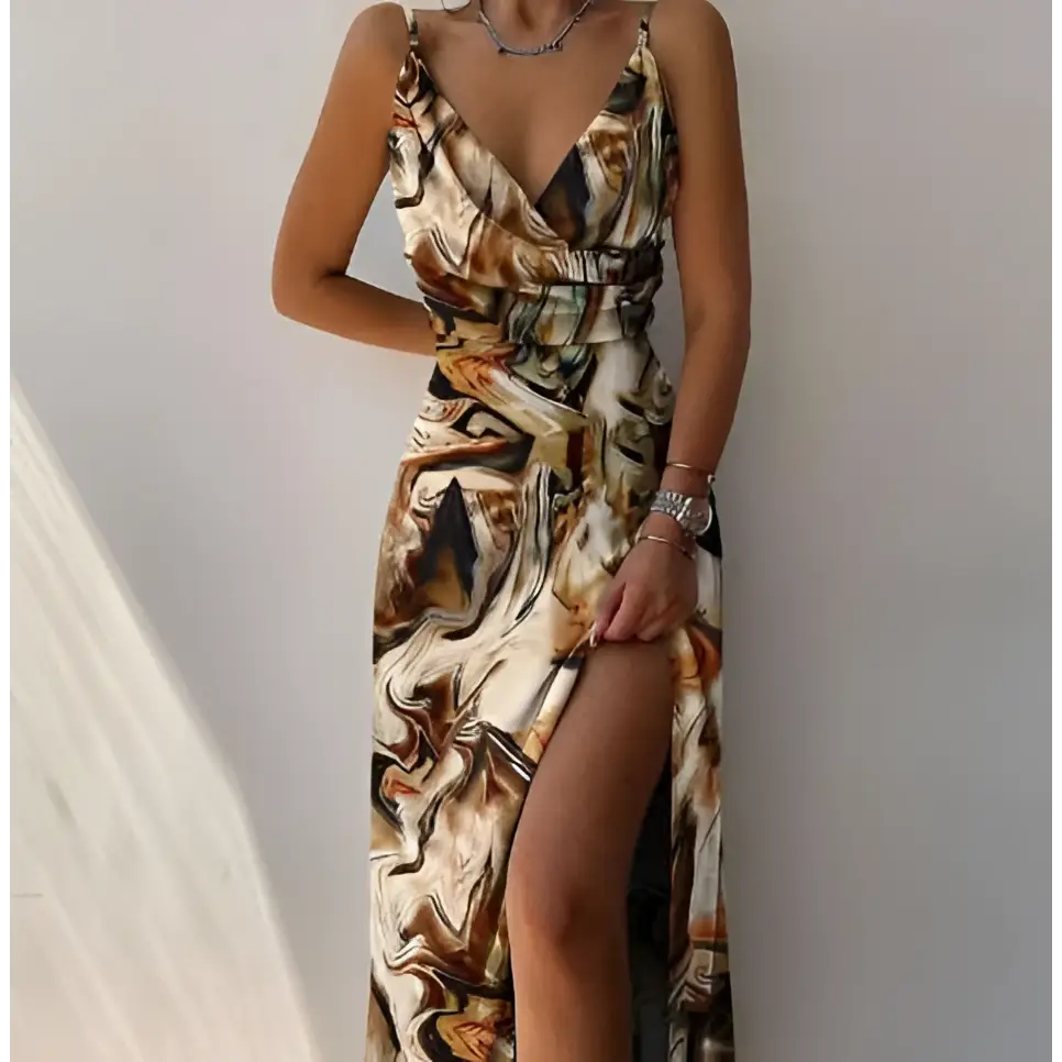 A flowing satin slit sling dress in earthy tones with a deep v-neckline perfect for sling dress summer fashion