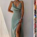 A sleek sage green satin slit sling dress with a deep v-neckline and high slit for sling dress summer fashion