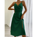 Emerald green satin slit sling dress with draped bodice and side slit perfect for sling dress summer fashion