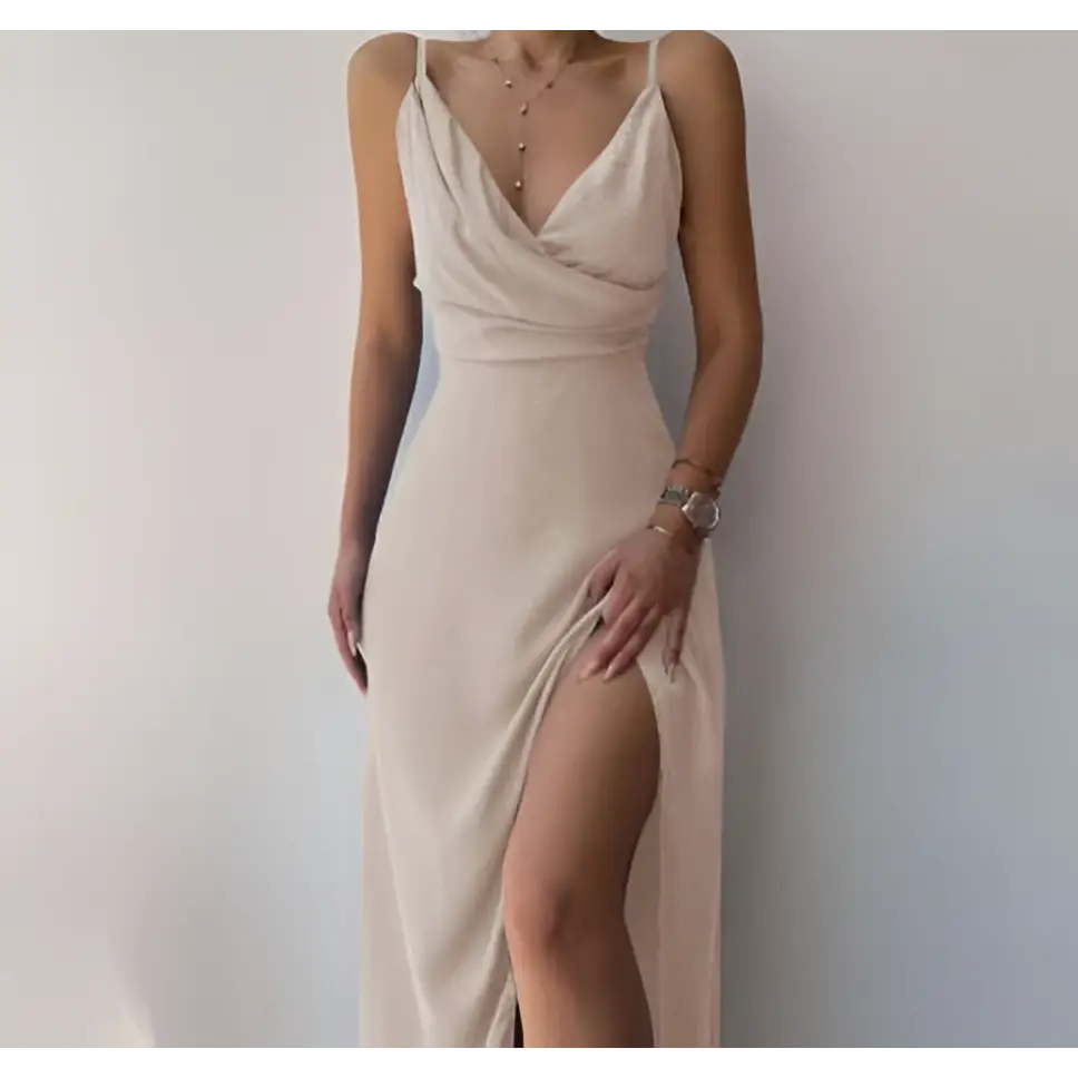 Beige satin slit sling dress with draped v neckline and high slit perfect for sling dress summer fashion