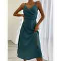 Teal satin slit sling dress with draped bodice and side slit perfect for sling dress summer fashion