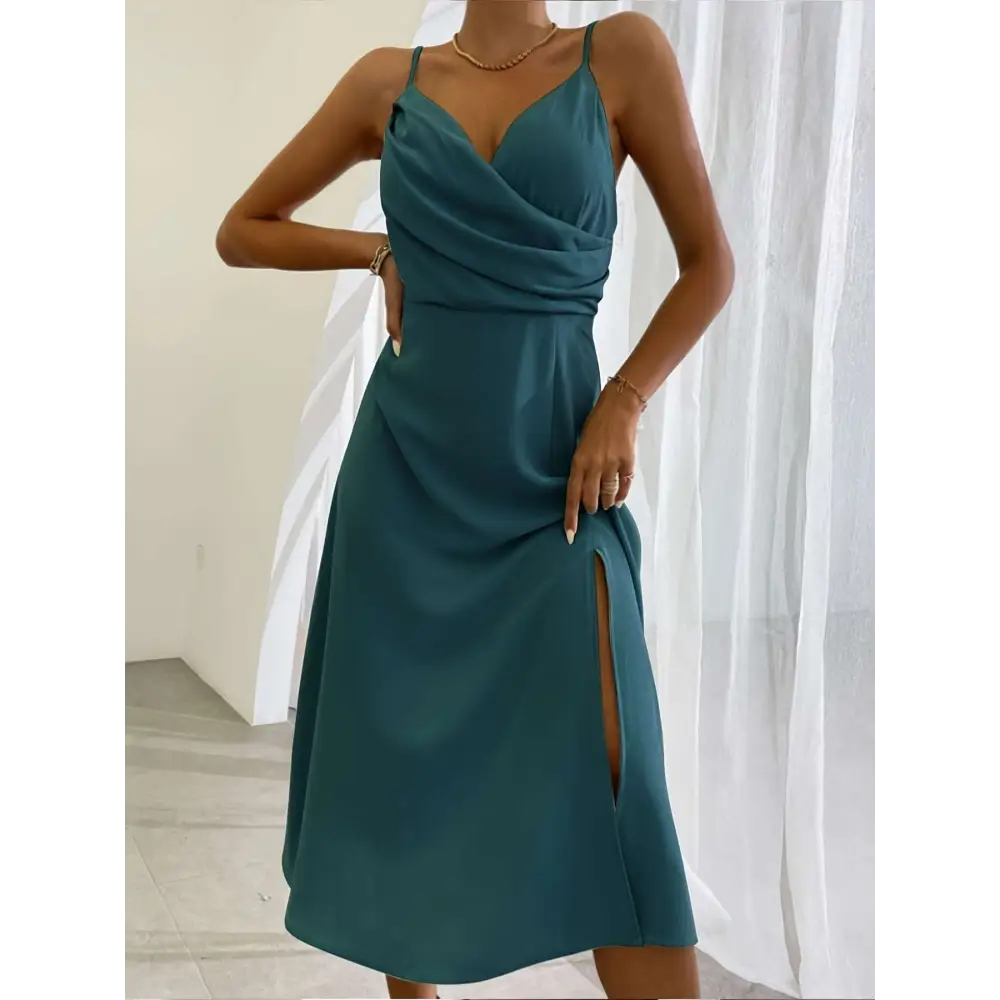 Teal satin slit sling dress with draped bodice and side slit perfect for sling dress summer fashion