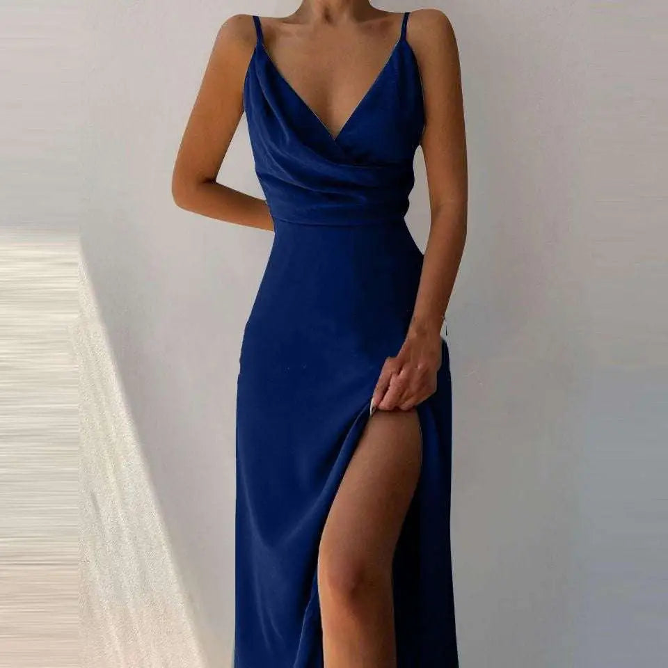 Deep blue satin slit sling dress with thin spaghetti straps and high slit perfect for sling dress summer fashion