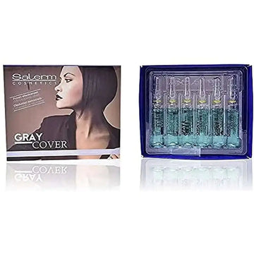 Salerm cosmetics cubre canas gray cover serum ampoules in clear glass vials with greenish-blue liquid in blue tray