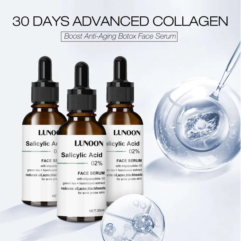 Lunoon salicylic acid anti-aging facial serum in amber glass bottle with black dropper and packaging box for acne-prone skin