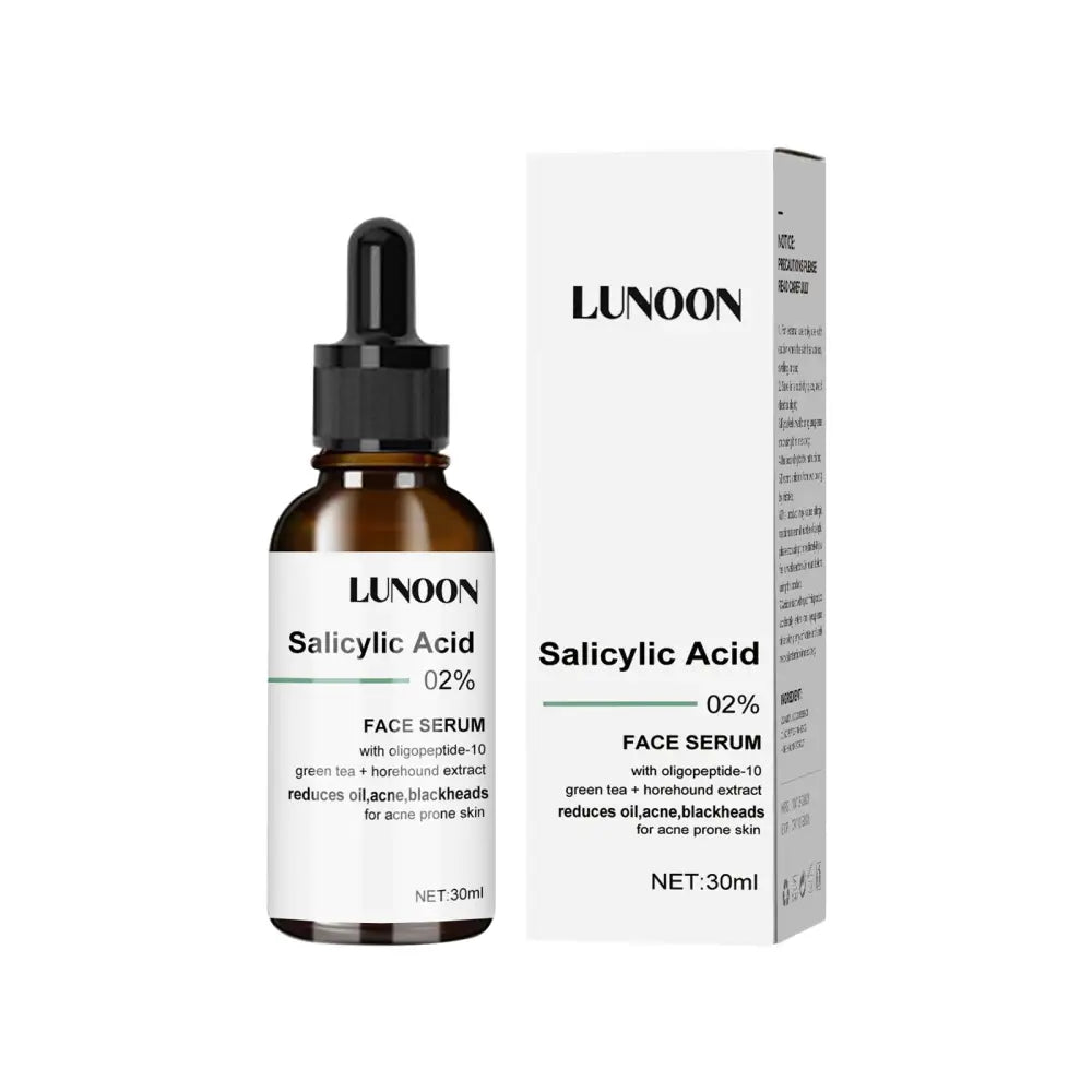 Lunoon salicylic acid anti-aging facial serum in 0.3-ounce amber glass bottle with black cap and minimalist packaging box