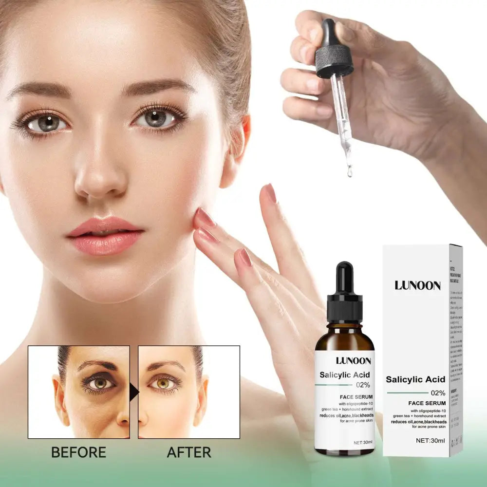 Lunoon salicylic acid anti-aging facial serum in amber glass bottle with black dropper and packaging box for acne-prone skin