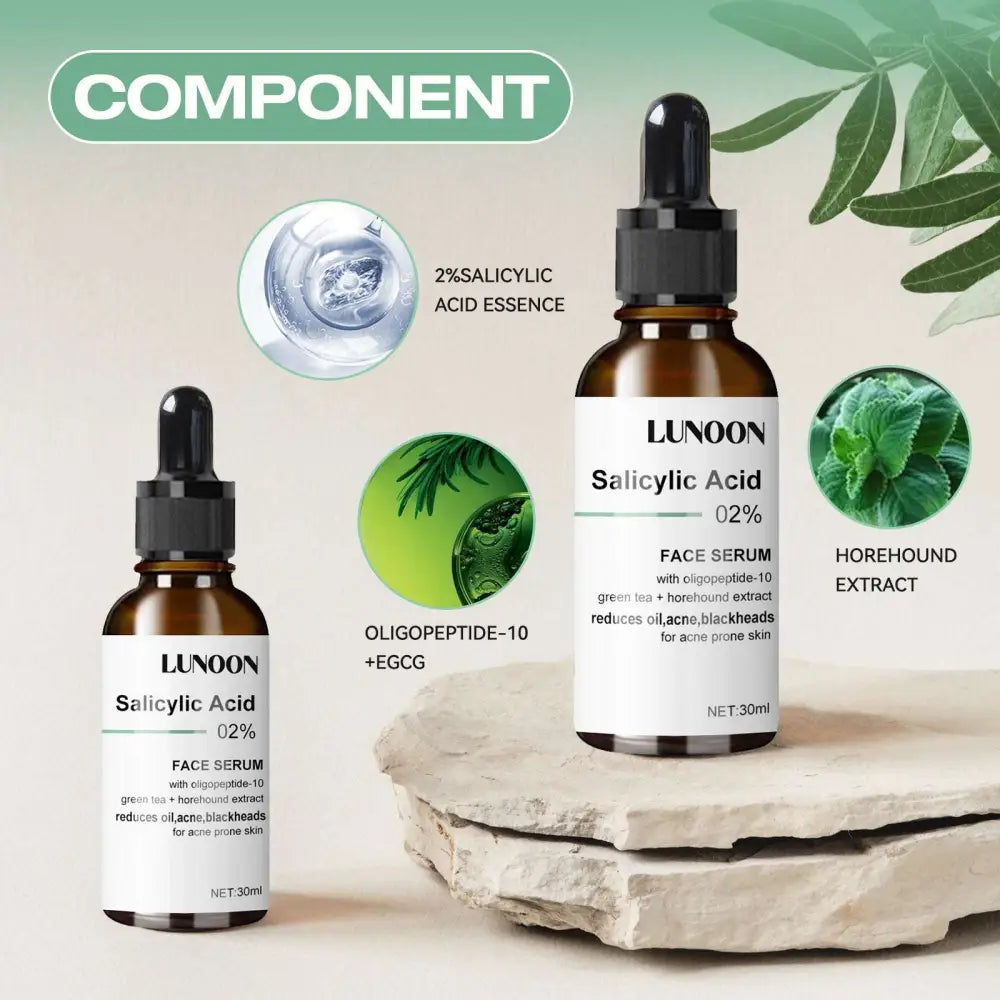 Lunoon salicylic acid anti-aging facial serum in amber glass bottle with black cap and white label for skin care