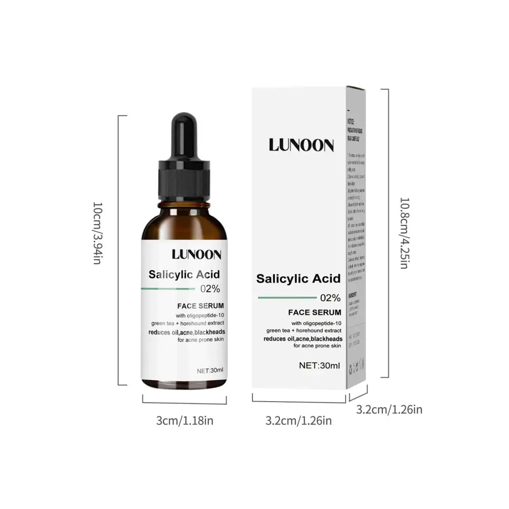 Lunoon salicylic acid anti-aging facial serum in amber glass bottle with black cap and minimalist white box packaging