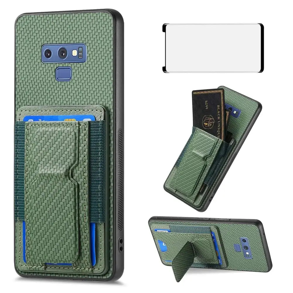 Green woven-textured samsung galaxy note 9 case with card holder and stand shown from the back side