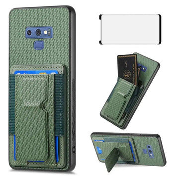 Green woven-textured samsung galaxy note 9 case with card holder and stand shown from the back side