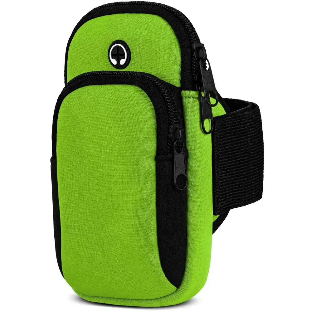 Bright green and black galaxy z flip fitness case with zipper closure and elastic strap flip sports armband for running