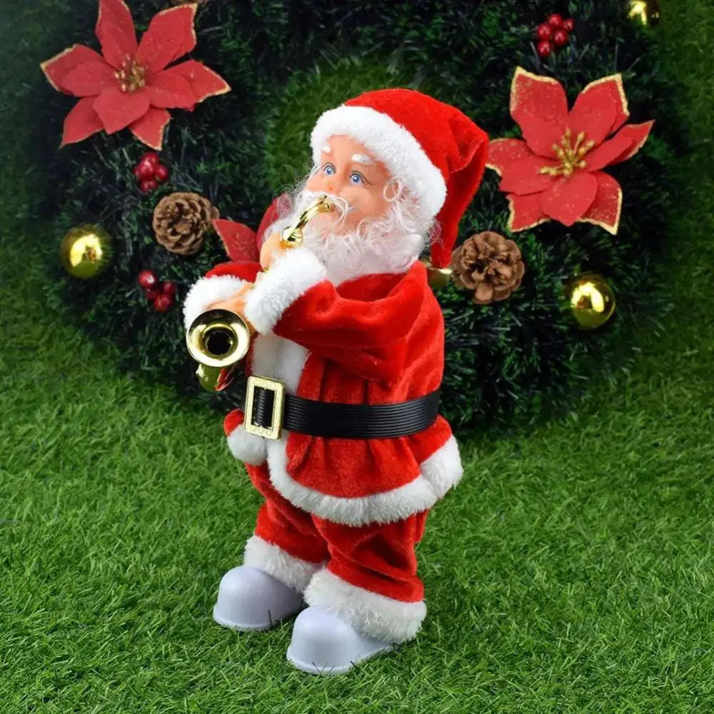 Red and white plush santa claus figurine playing golden trumpet in santa claus climbing rainbow parachute toy