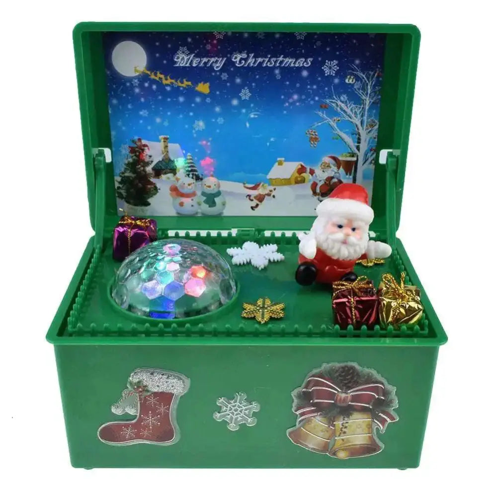 Green plastic claus climbing rainbow musical box with festive santa scene and illuminated disco ball toy interior