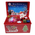 Red plastic santa claus climbing rainbow music box with colorful gift boxes and led disco ball lights for christmas decor