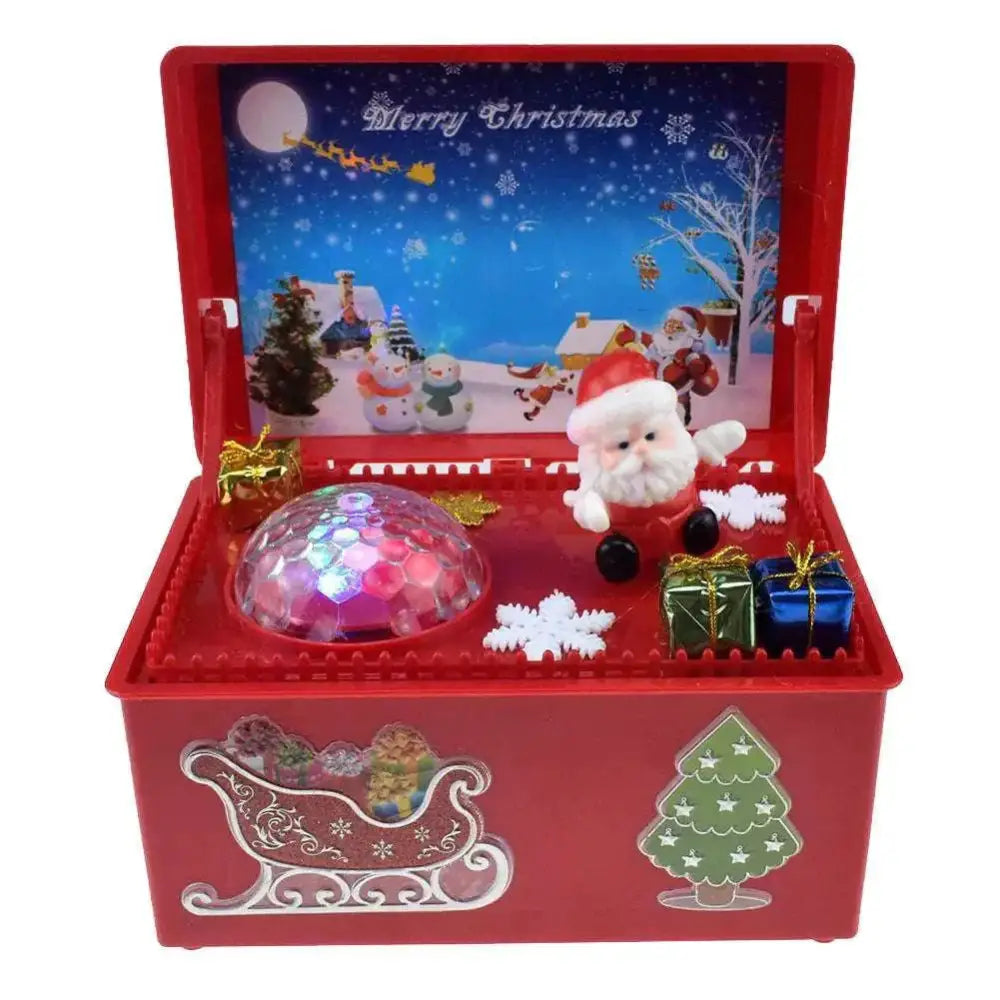 Red plastic santa claus climbing rainbow music box with colorful gift boxes and led disco ball lights for christmas decor