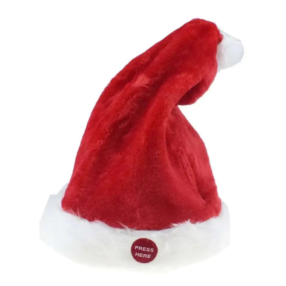 Red plush santa hat with white fur trim and press here button on brim for claus climbing rainbow parachute toy