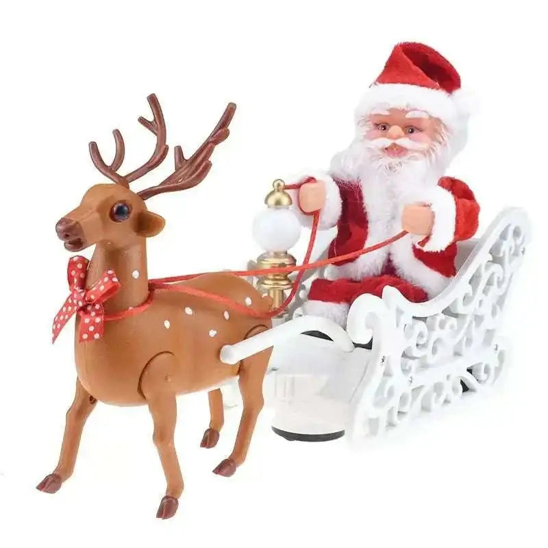 Red and white santa claus figurine seated in decorative white sleigh pulled by brown reindeer in claus climbing rainbow toy