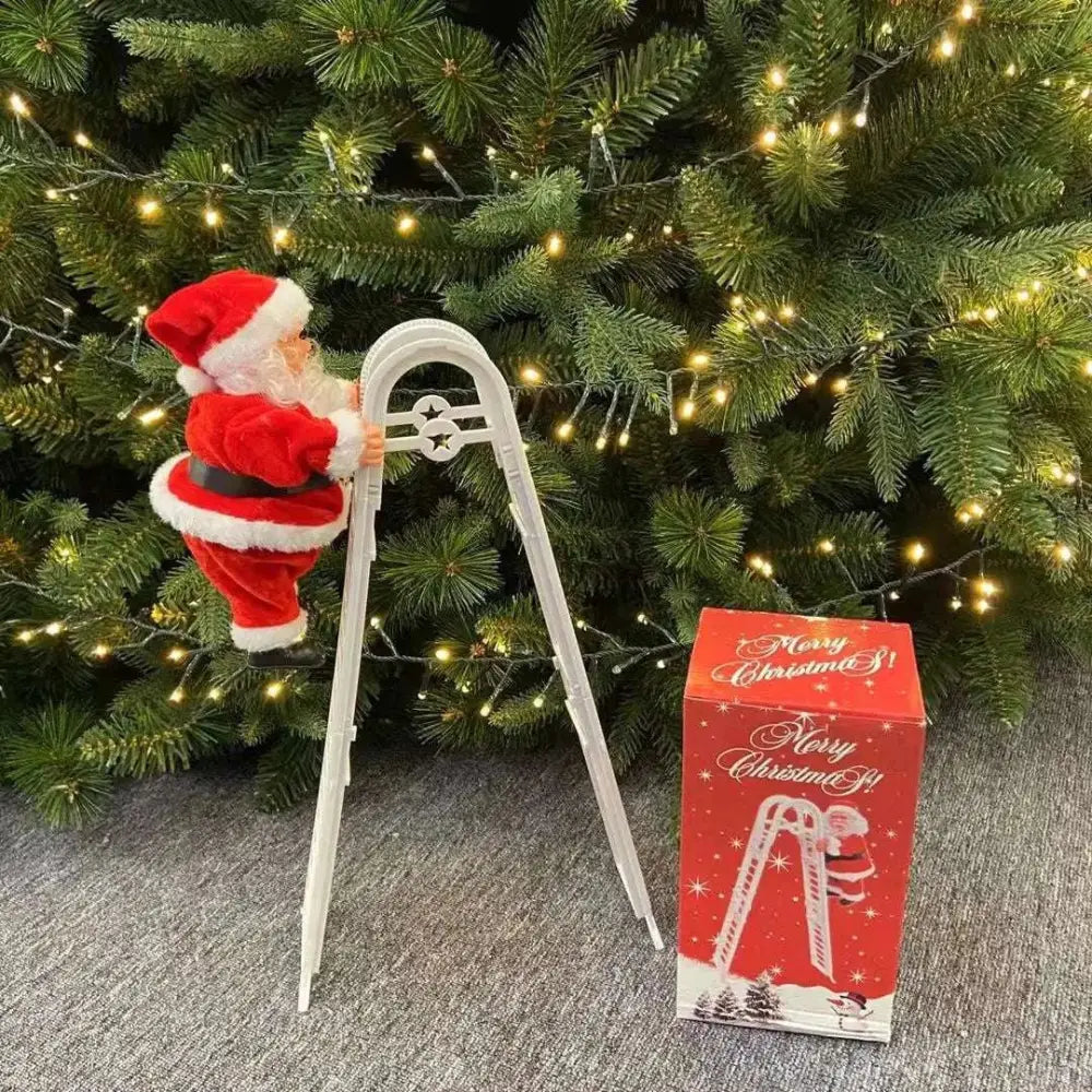 Red and white plastic santa claus climbing rainbow figurine on a translucent white ladder for climbing rainbow parachute toy