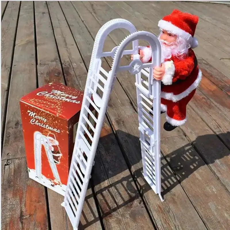 White plastic santa claus figurine climbing a white ladder in a claus climbing rainbow parachute toy design