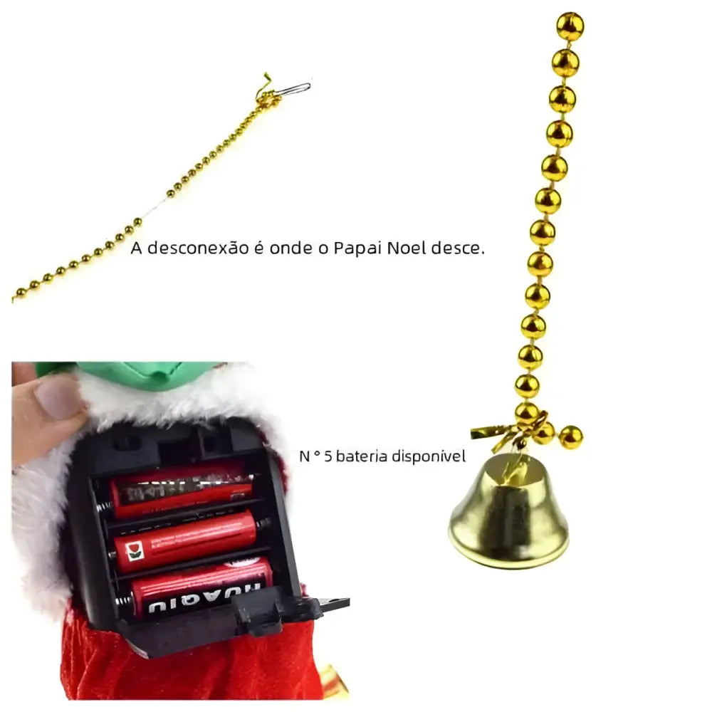 Gold-colored beaded chain with small bell attached to santa claus figurine on claus climbing rainbow parachute toy
