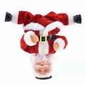 Red and white plush santa claus climbing rainbow parachute toy with gold buckle belt black boots and curly white wig