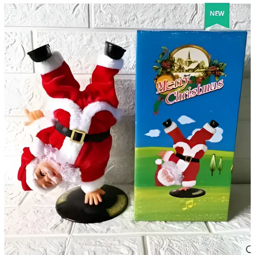 Santa claus climbing rainbow parachute toy featuring a red and white figurine with black boots and fluffy trim suit