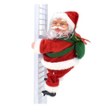Red and white plush santa claus figurine with green sack climbing down ladder in santa claus climbing rainbow toy