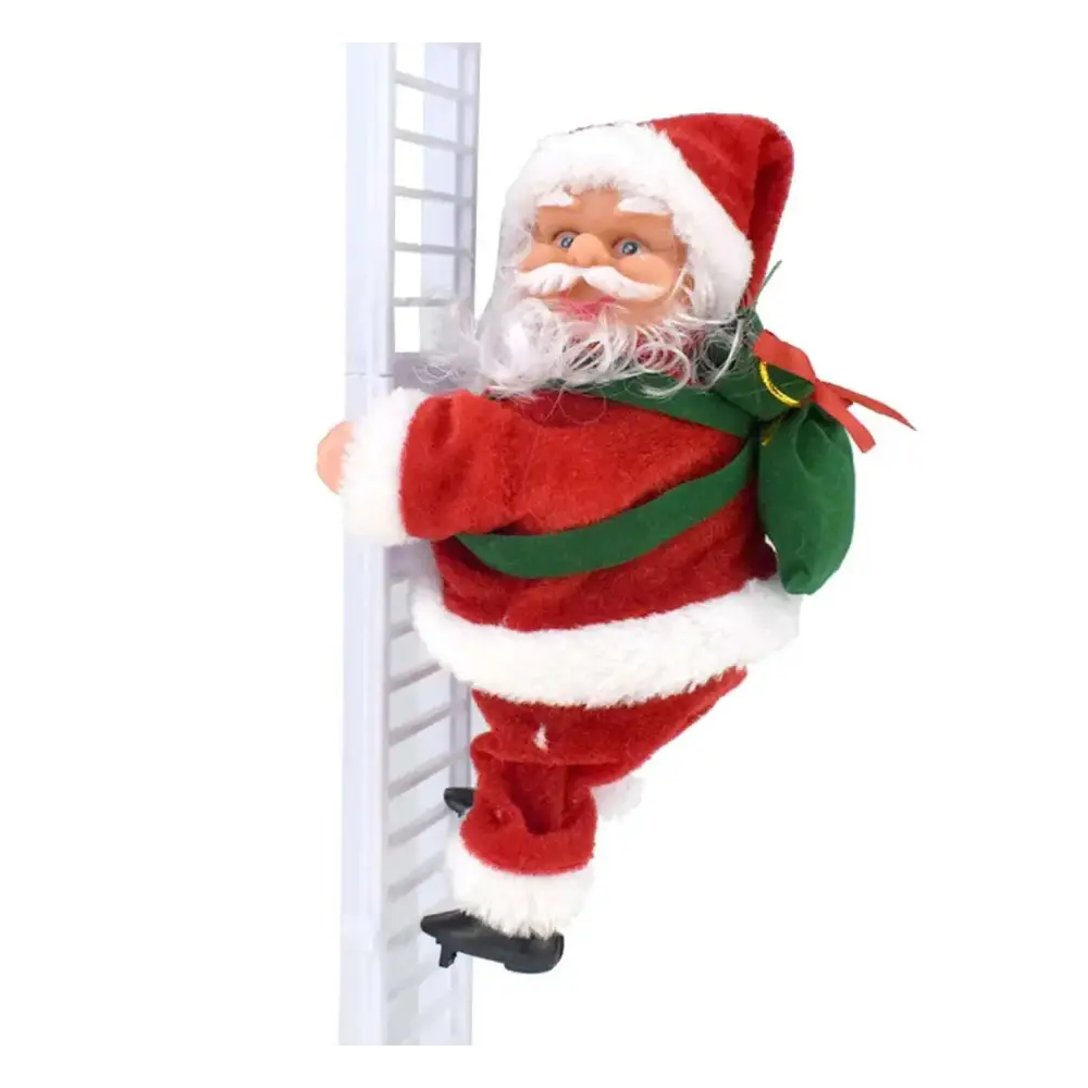 Red and white plush santa claus figurine with green sack climbing down ladder in santa claus climbing rainbow toy