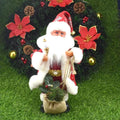 Red and white plush santa claus climbing rainbow parachute toy with gold-trimmed hat and sack of pine branches
