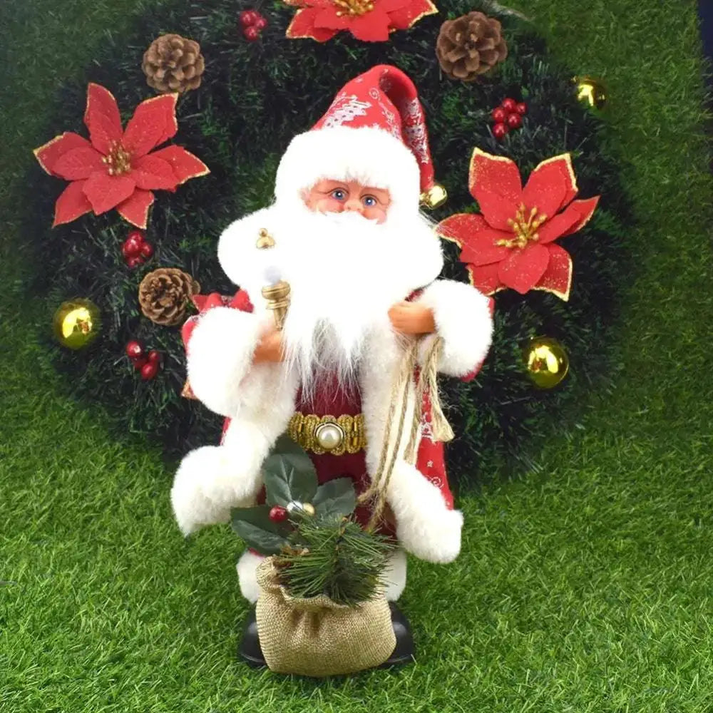 Red and white plush santa claus climbing rainbow parachute toy with gold-trimmed hat and sack of pine branches