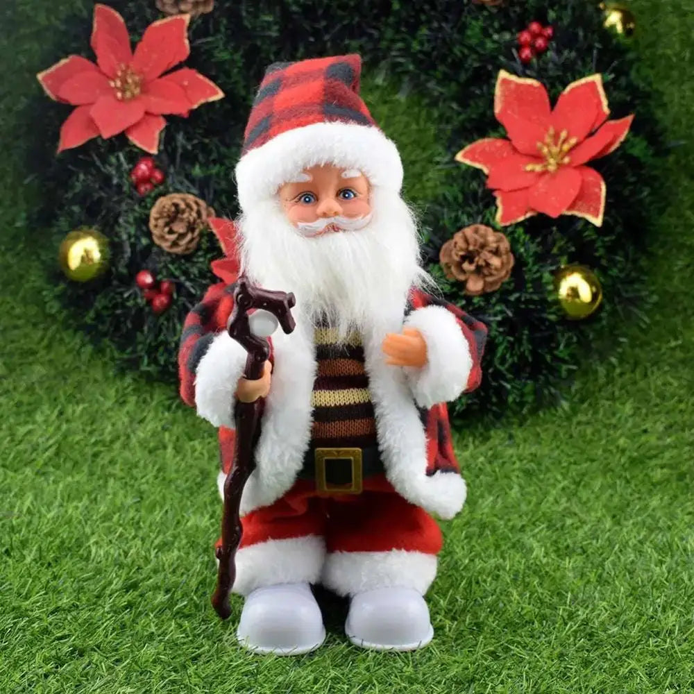 Red and black plaid santa claus figurine with white fur holding wooden cane for claus climbing rainbow parachute toy