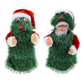 Two festive christmas-themed singing figurines featuring santa claus climbing rainbow with green pine tree and tinsel design