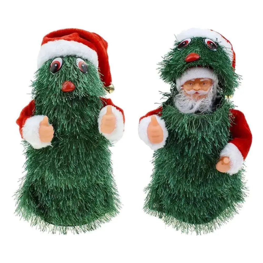 Two festive christmas-themed singing figurines featuring santa claus climbing rainbow with green pine tree and tinsel design