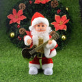 Red and white plush santa claus figurine holding black electric guitar featured in claus climbing rainbow parachute toy