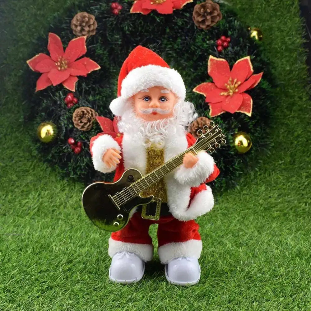 Red and white plush santa claus figurine holding black electric guitar featured in claus climbing rainbow parachute toy