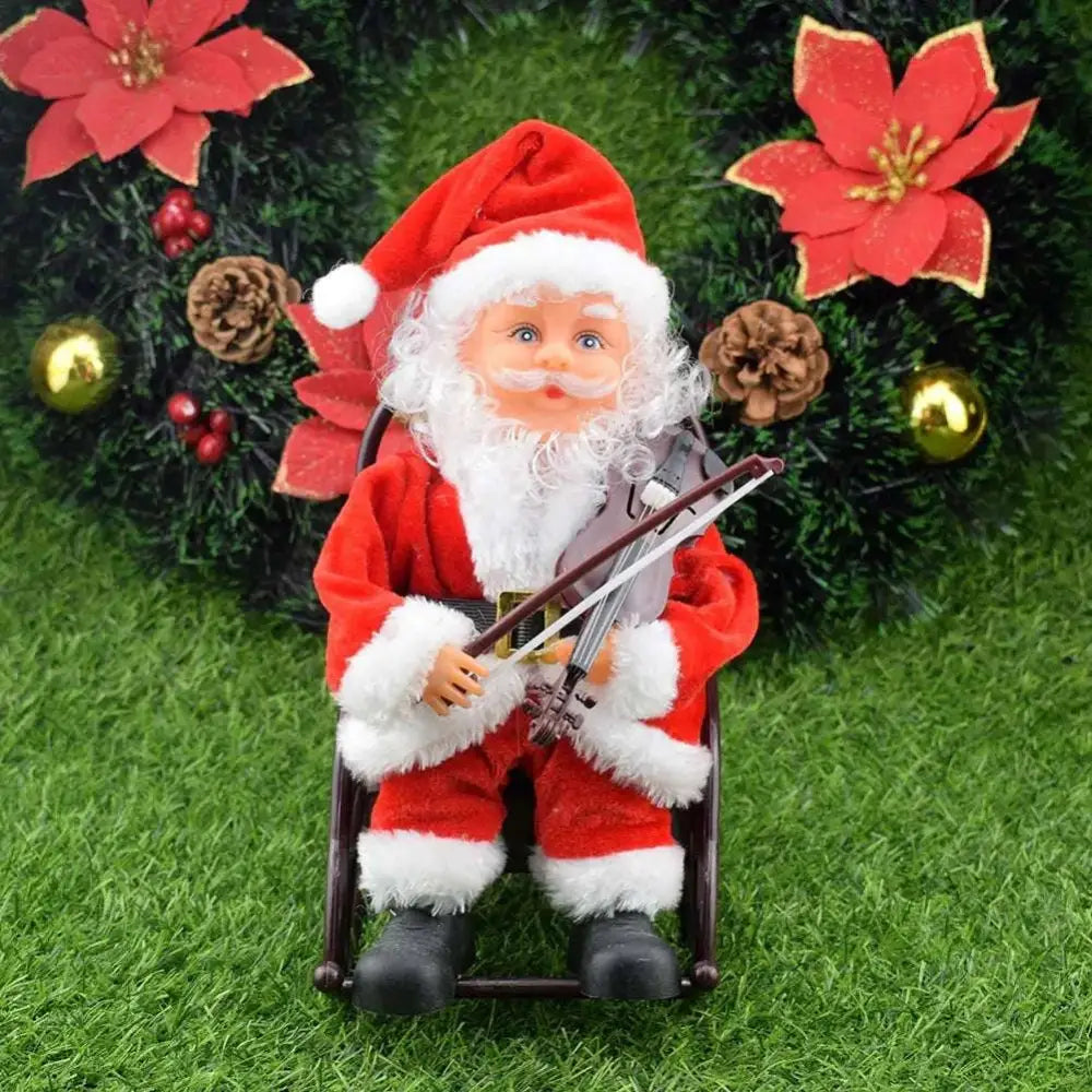 Red and white plush santa claus figurine seated in rocking chair holding miniature violin for climbing rainbow parachute toy