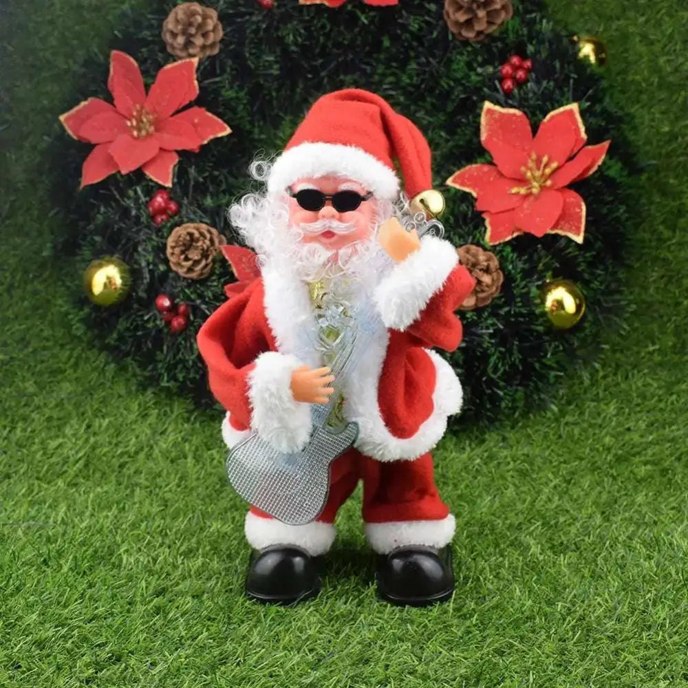 Red and white plush santa claus figurine wearing sunglasses holding silver glittery guitar for claus climbing rainbow toy