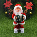 Plush santa claus climbing rainbow parachute toy in red and white holding a green accordion figurine
